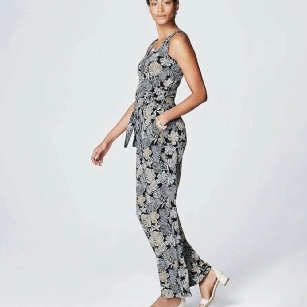 J. Jill Wearever Wide Leg Jumpsuit Tropical Print V Neck Pockets Sz Petite Small - Picture 4 of 12